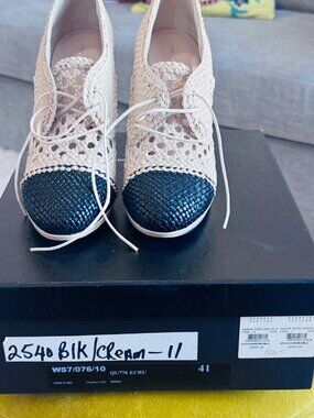 Dries Van Noten Cream Black Woven Lace Up Heels 41
